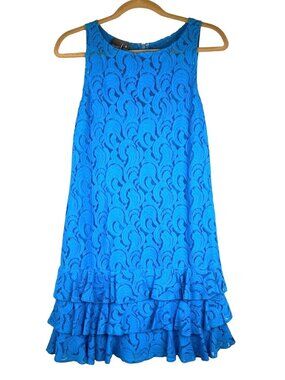Anthropologie Muse Women 6 Blue Preppy Sleeveless Lace Overlay Dress Ruffled Hem